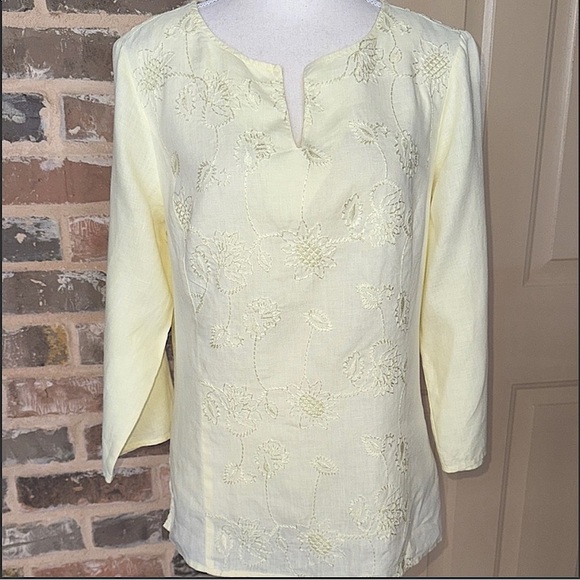 Saint Tropez West Tops - Saint Tropez West Pale Yellow Linen Embroidered Top Side Zip Sz L